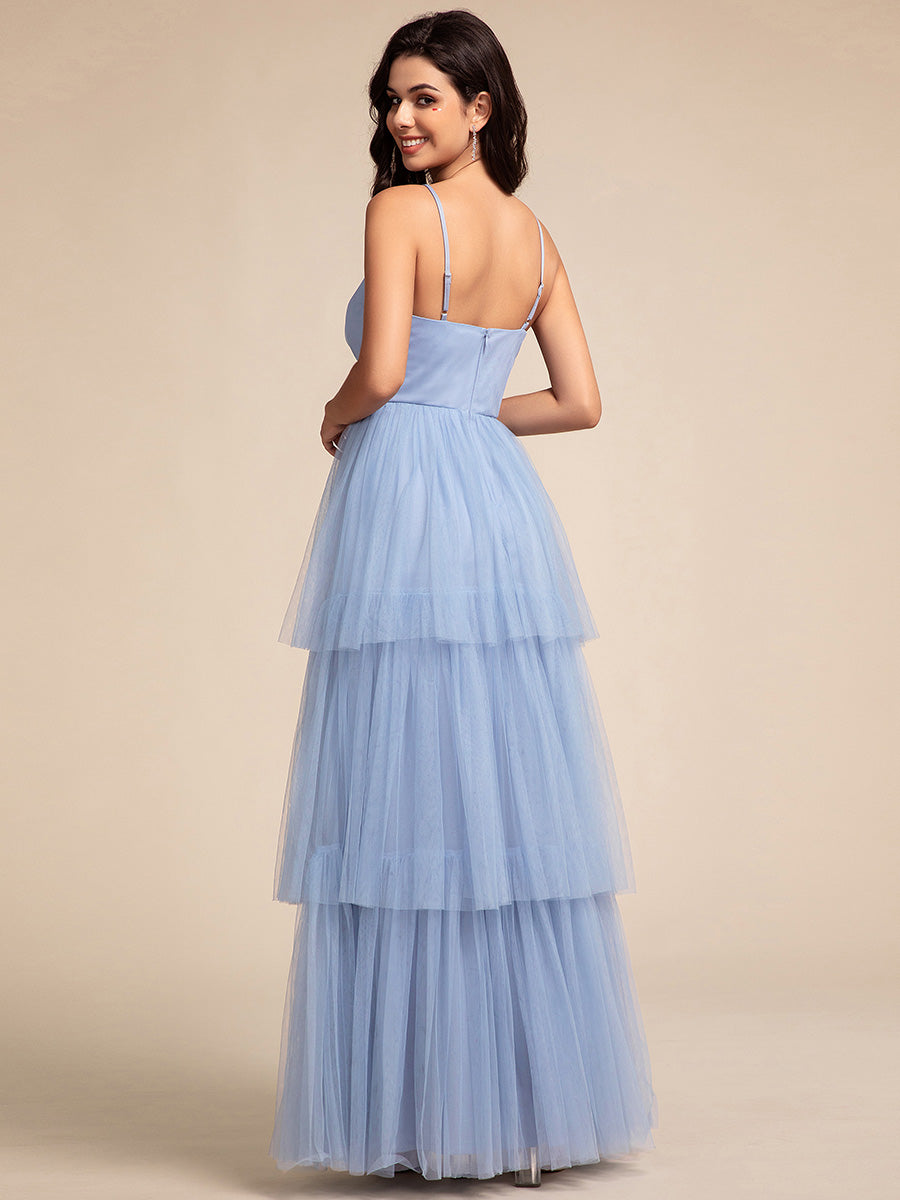 Color=Light Blue | Romantic V Neck See-Through Cake pleated Bridesmaid Tulle Dresses-Light Blue 12