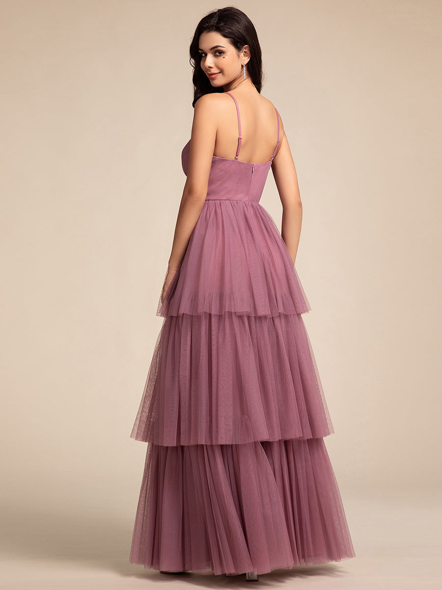 Color=Orchid | Romantic V Neck See-Through Cake pleated Bridesmaid Tulle Dresses-Orchid 17