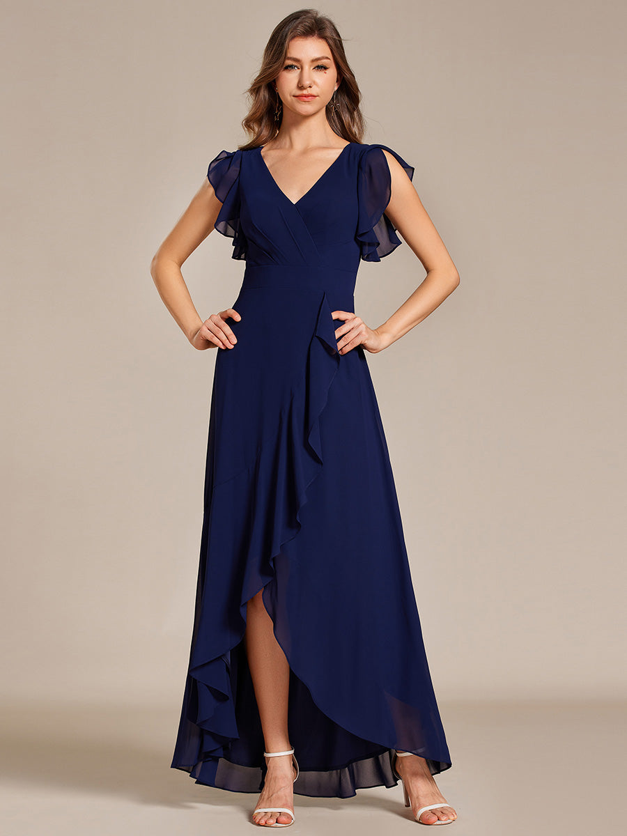 Color=Navy Blue | Exquisite Deep V Neck Flying sleeve A-Line Empire Waist Irregular hemline Chiffon Dresses-Navy Blue 11