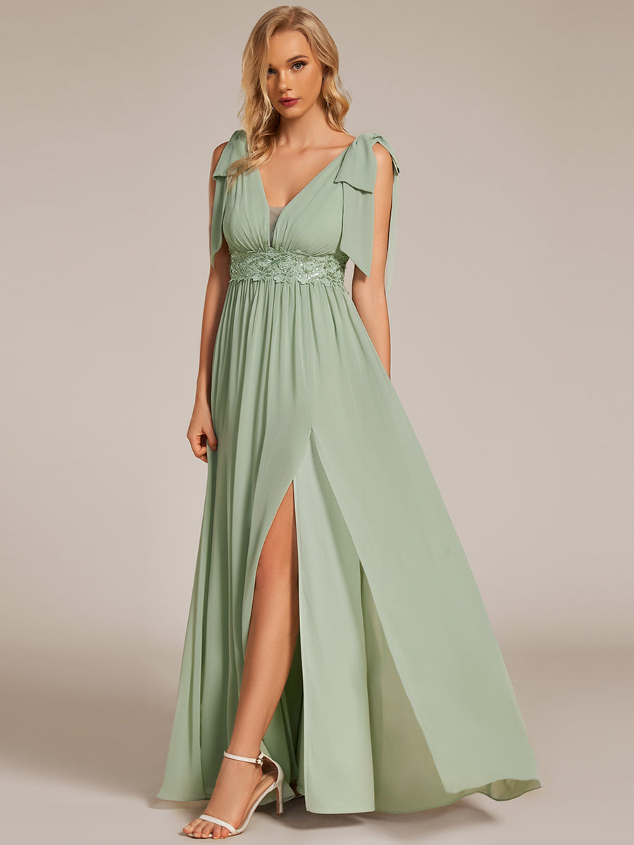 Color=Mint Green | Elegant Bowknot Sleeveless Side Split Floor Length Chiffon Bridesmaid Dresses with Appliqu¨¦d belt-Mint Green 1