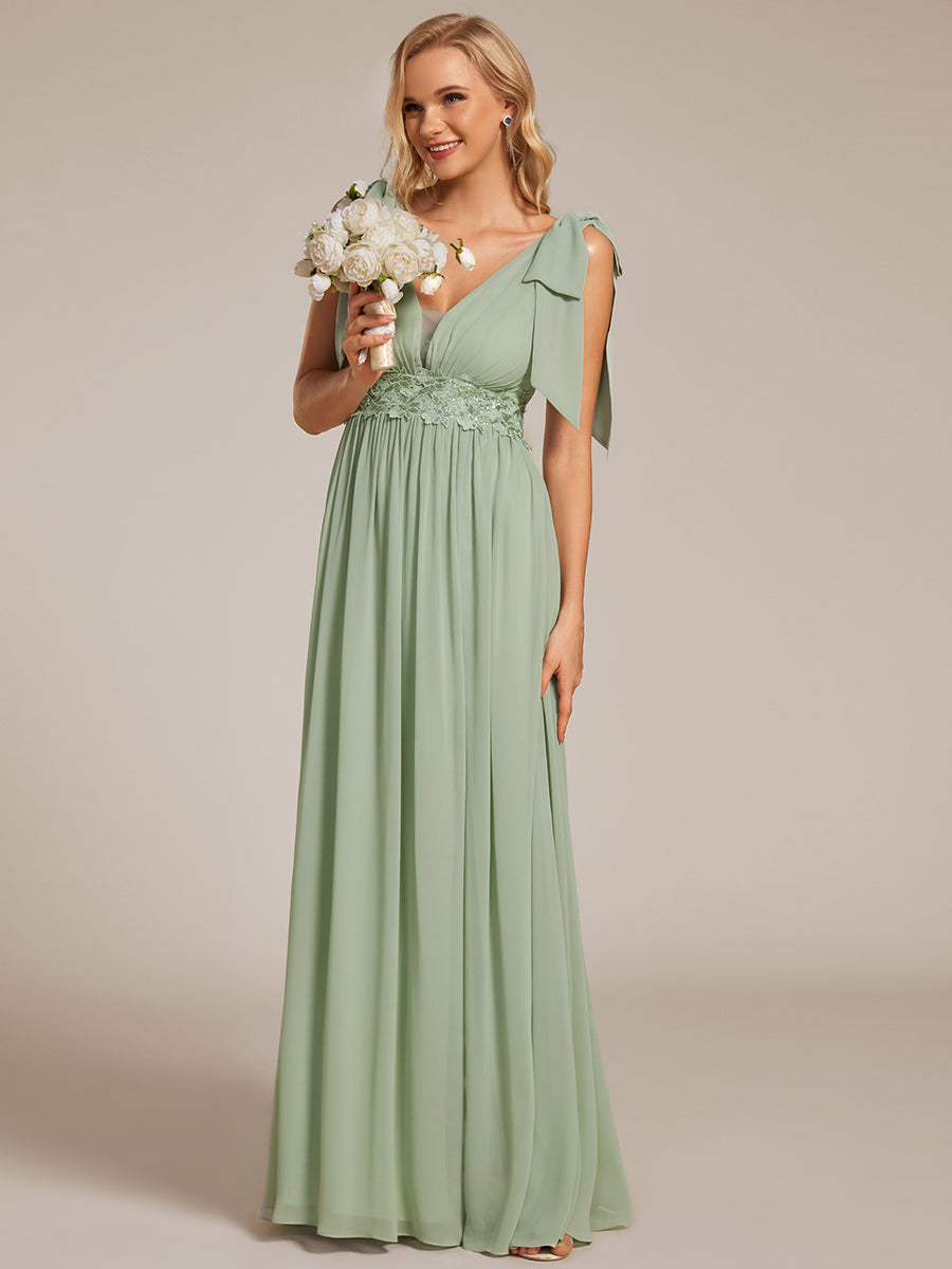 Color=Mint Green | Elegant Bowknot Sleeveless Side Split Floor Length Chiffon Bridesmaid Dresses with Appliqu¨¦d belt-Mint Green 3