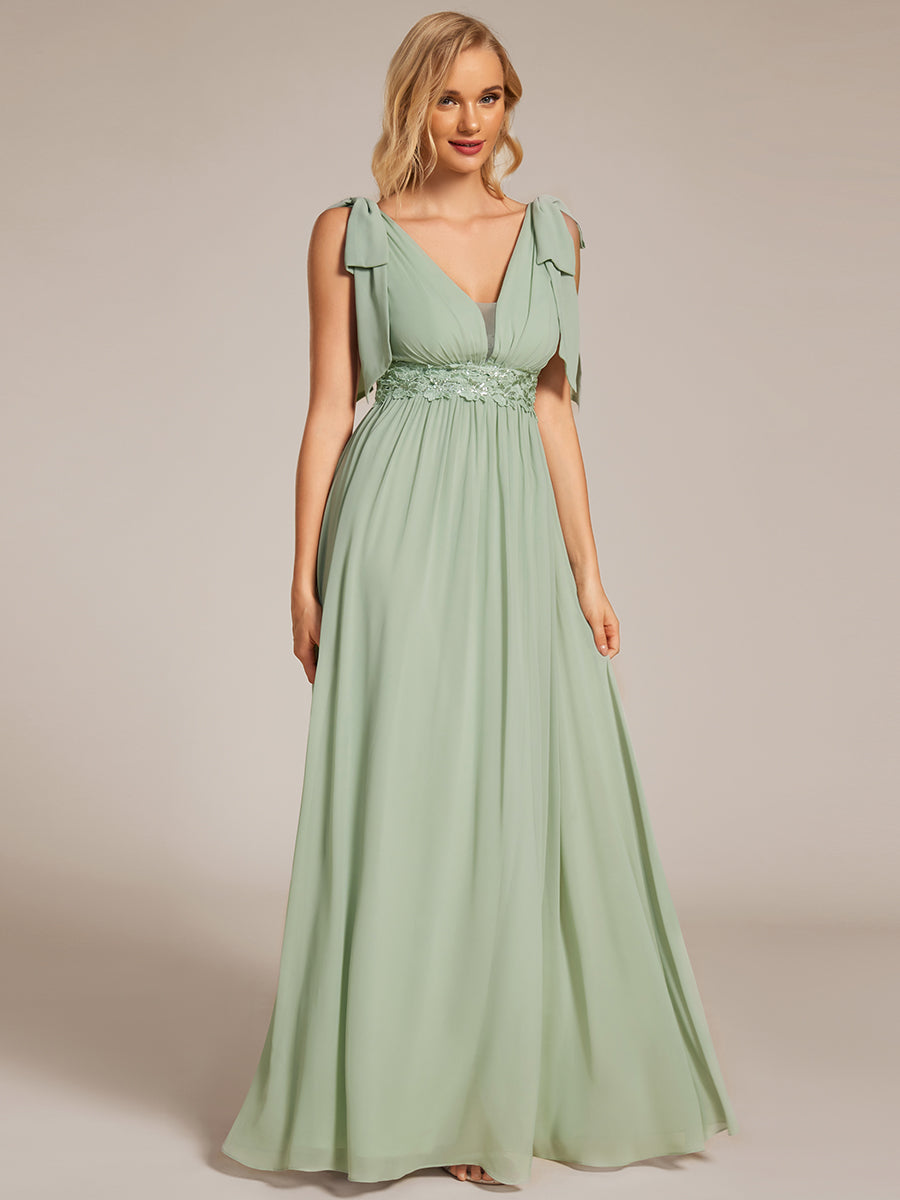 Color=Mint Green | Elegant Bowknot Sleeveless Side Split Floor Length Chiffon Bridesmaid Dresses with Appliqu¨¦d belt-Mint Green 4