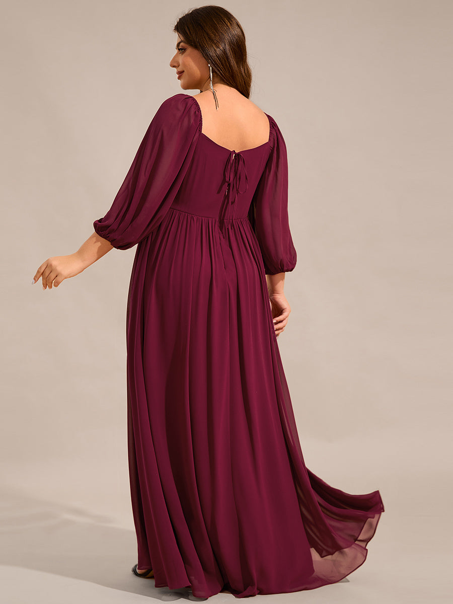 Color=Burgundy | Plus Size Graceful Sweetheart 3/4 Lantern Sleeve Chiffon Bridesmaid Dresses with Frenulum knotting-Burgundy 2