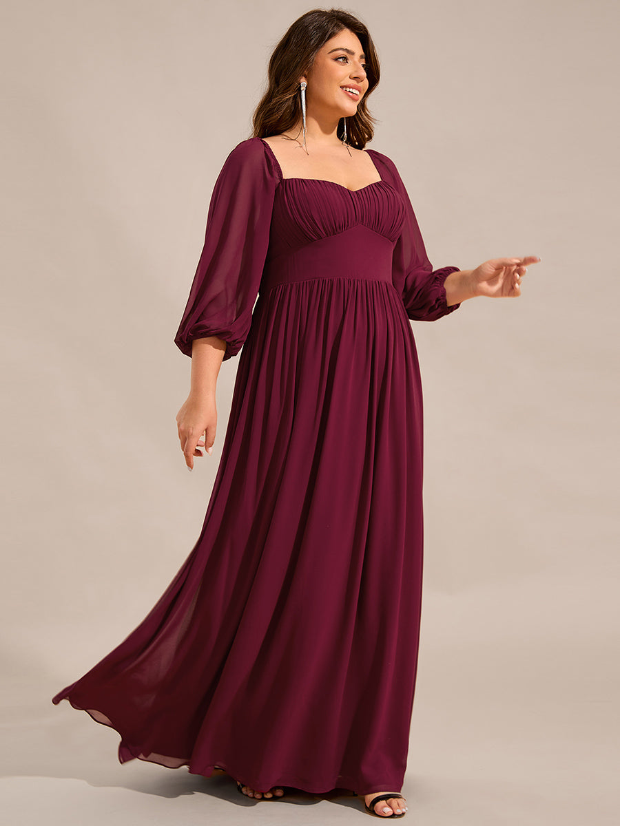 Color=Burgundy | Plus Size Graceful Sweetheart 3/4 Lantern Sleeve Chiffon Bridesmaid Dresses with Frenulum knotting-Burgundy 3