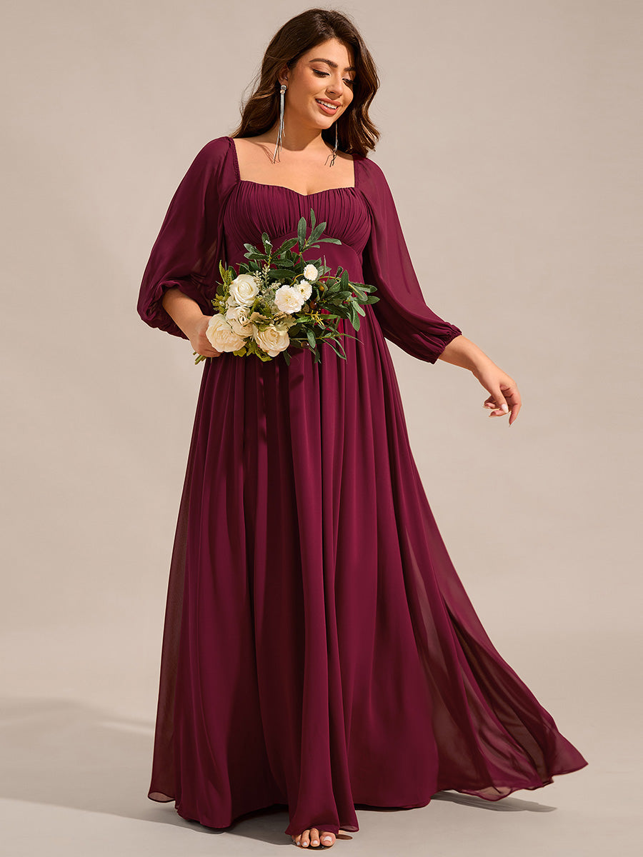 Color=Burgundy | Plus Size Graceful Sweetheart 3/4 Lantern Sleeve Chiffon Bridesmaid Dresses with Frenulum knotting-Burgundy 4