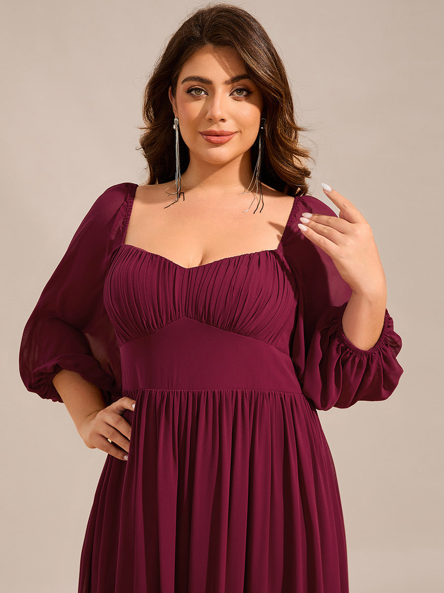 Color=Burgundy | Plus Size Graceful Sweetheart 3/4 Lantern Sleeve Chiffon Bridesmaid Dresses with Frenulum knotting-Burgundy 5