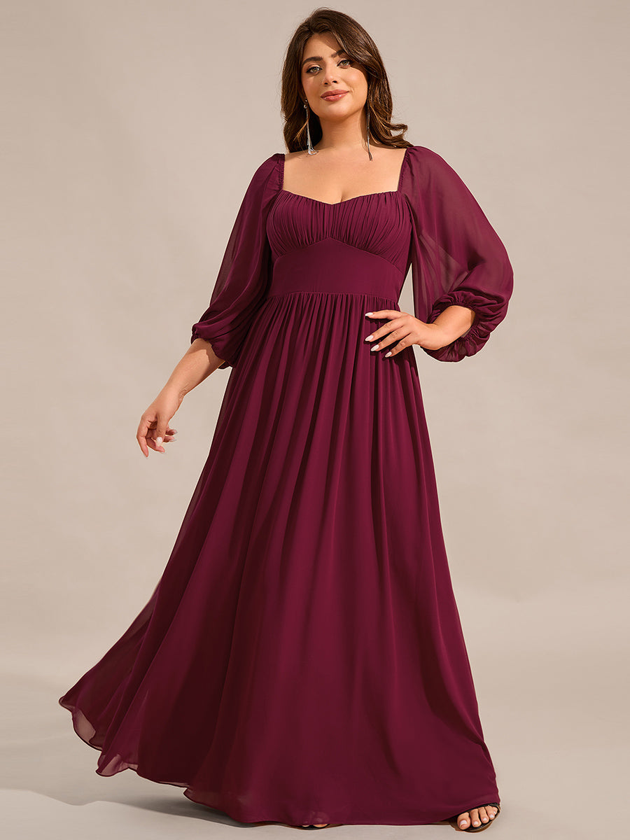 Color=Burgundy | Plus Size Graceful Sweetheart 3/4 Lantern Sleeve Chiffon Bridesmaid Dresses with Frenulum knotting-Burgundy 1