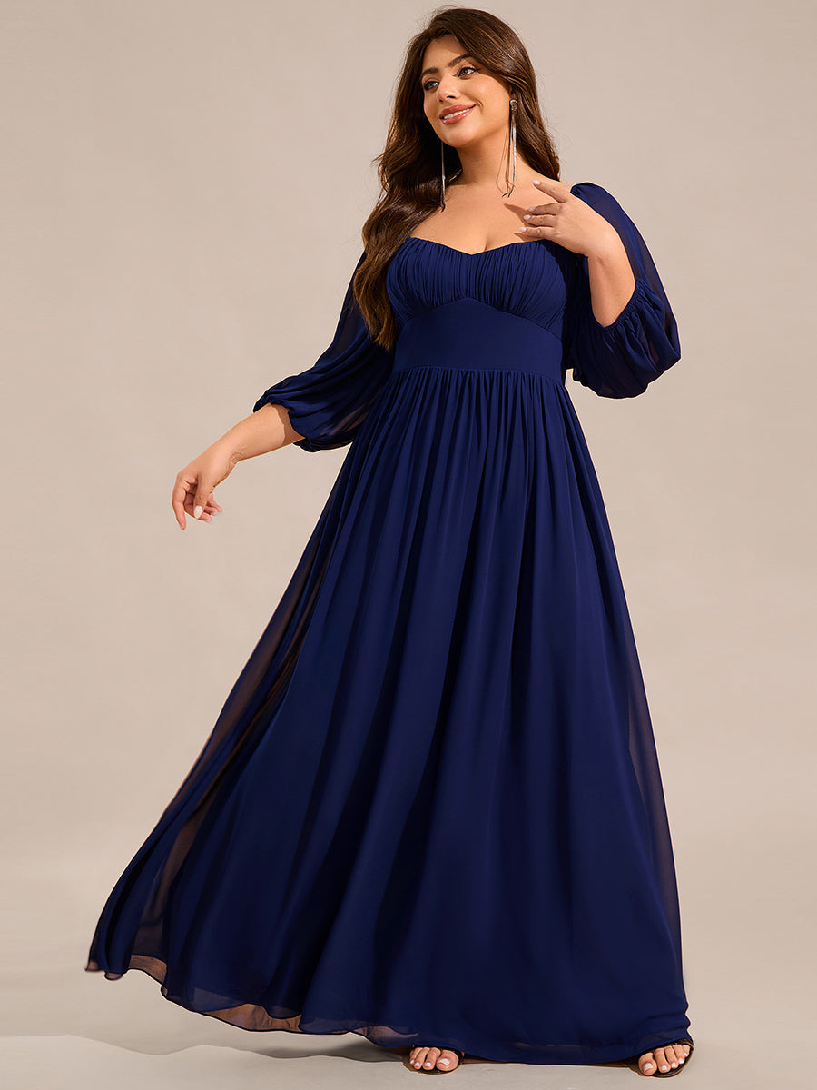 Color=Navy Blue | Plus Size Graceful Sweetheart 3/4 Lantern Sleeve Chiffon Bridesmaid Dresses with Frenulum knotting-Navy Blue 6