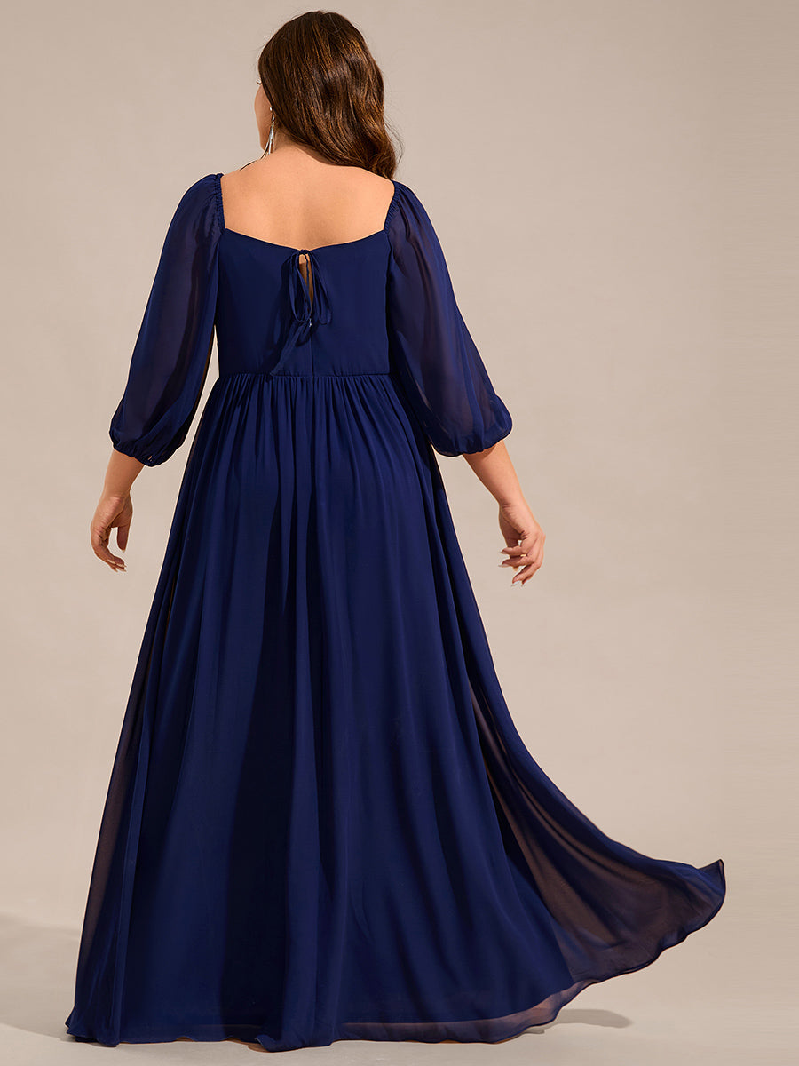 Color=Navy Blue | Plus Size Graceful Sweetheart 3/4 Lantern Sleeve Chiffon Bridesmaid Dresses with Frenulum knotting-Navy Blue 7