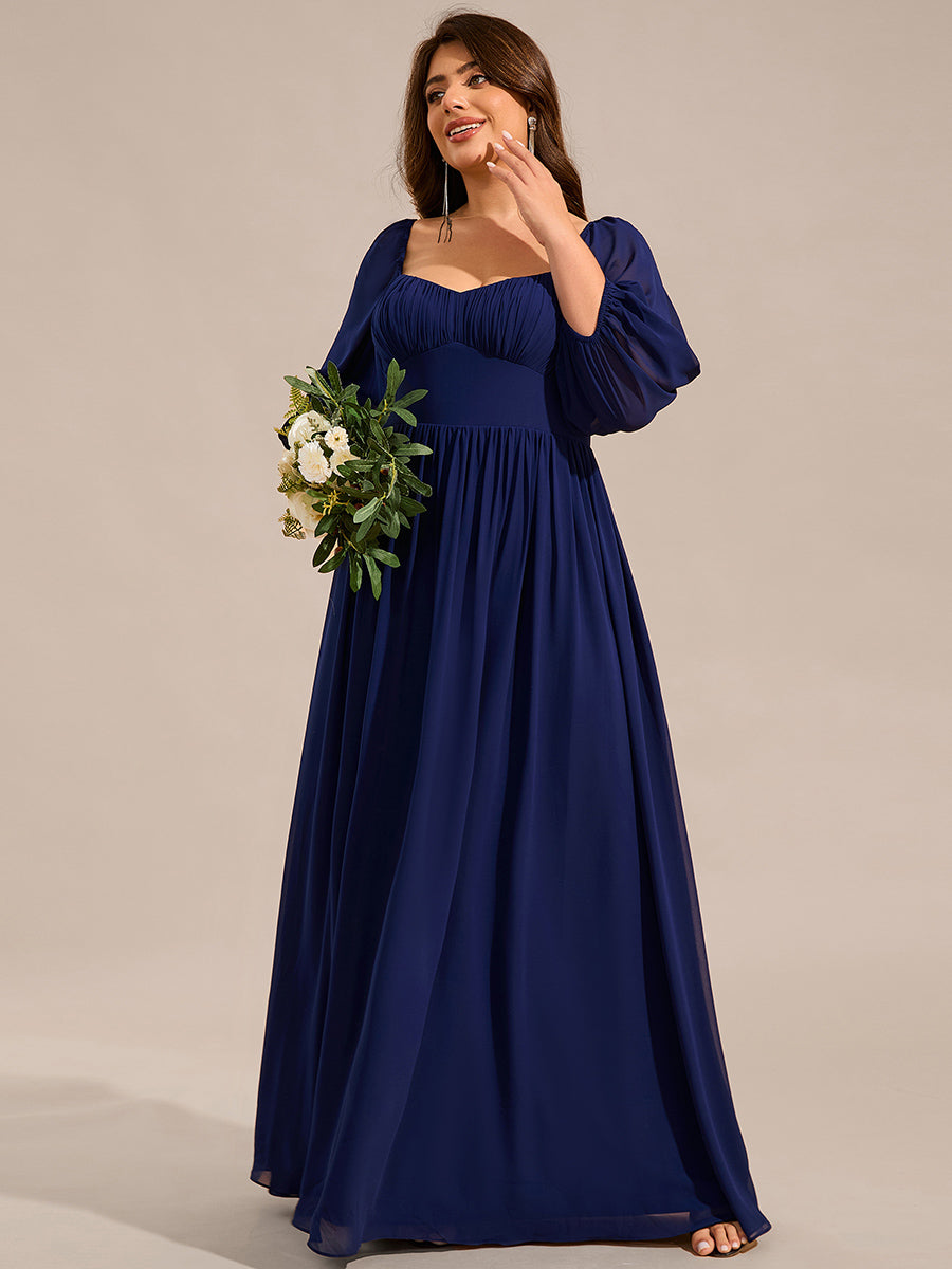 Color=Navy Blue | Plus Size Graceful Sweetheart 3/4 Lantern Sleeve Chiffon Bridesmaid Dresses with Frenulum knotting-Navy Blue 8