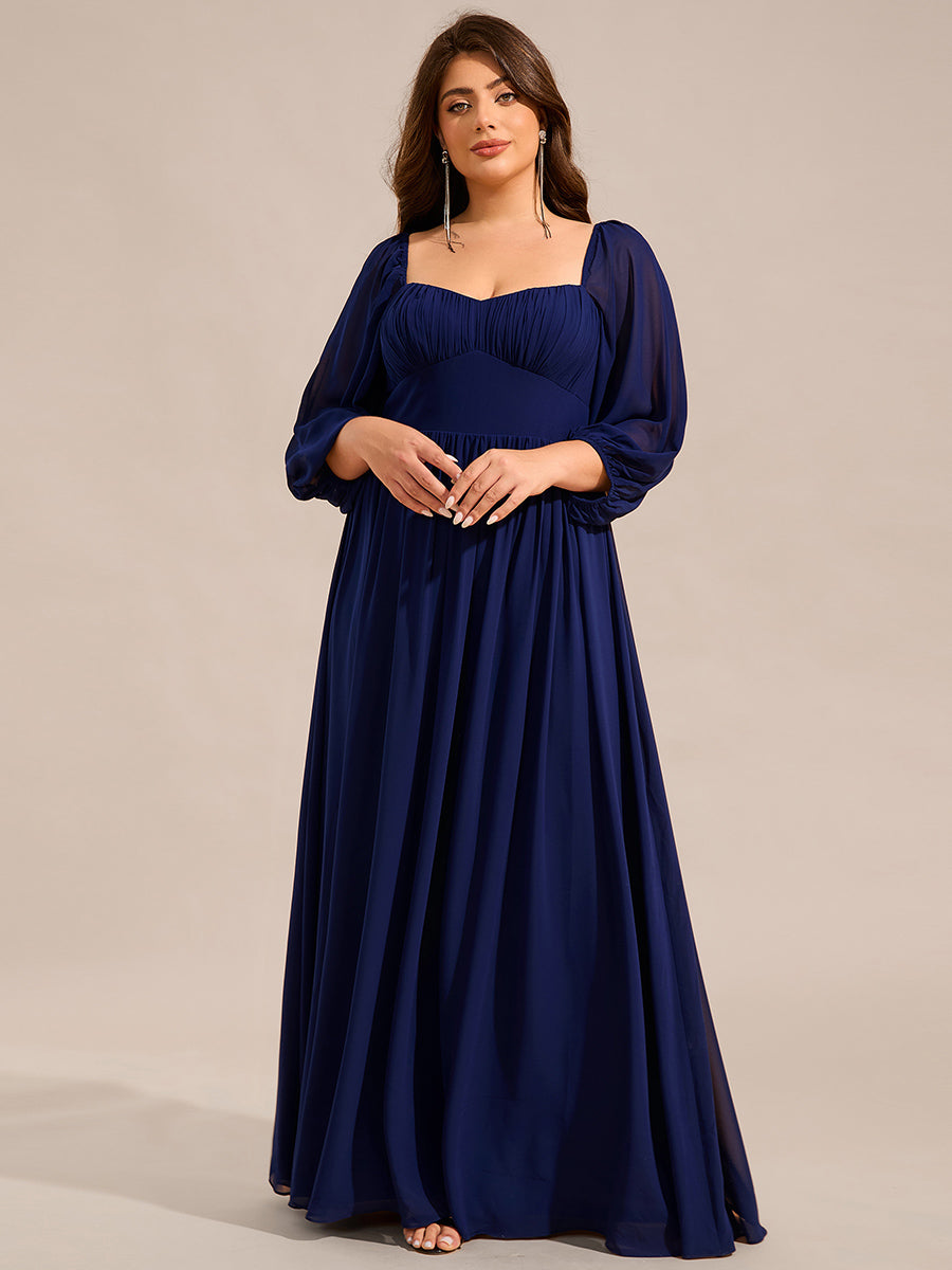 Color=Navy Blue | Plus Size Graceful Sweetheart 3/4 Lantern Sleeve Chiffon Bridesmaid Dresses with Frenulum knotting-Navy Blue 9