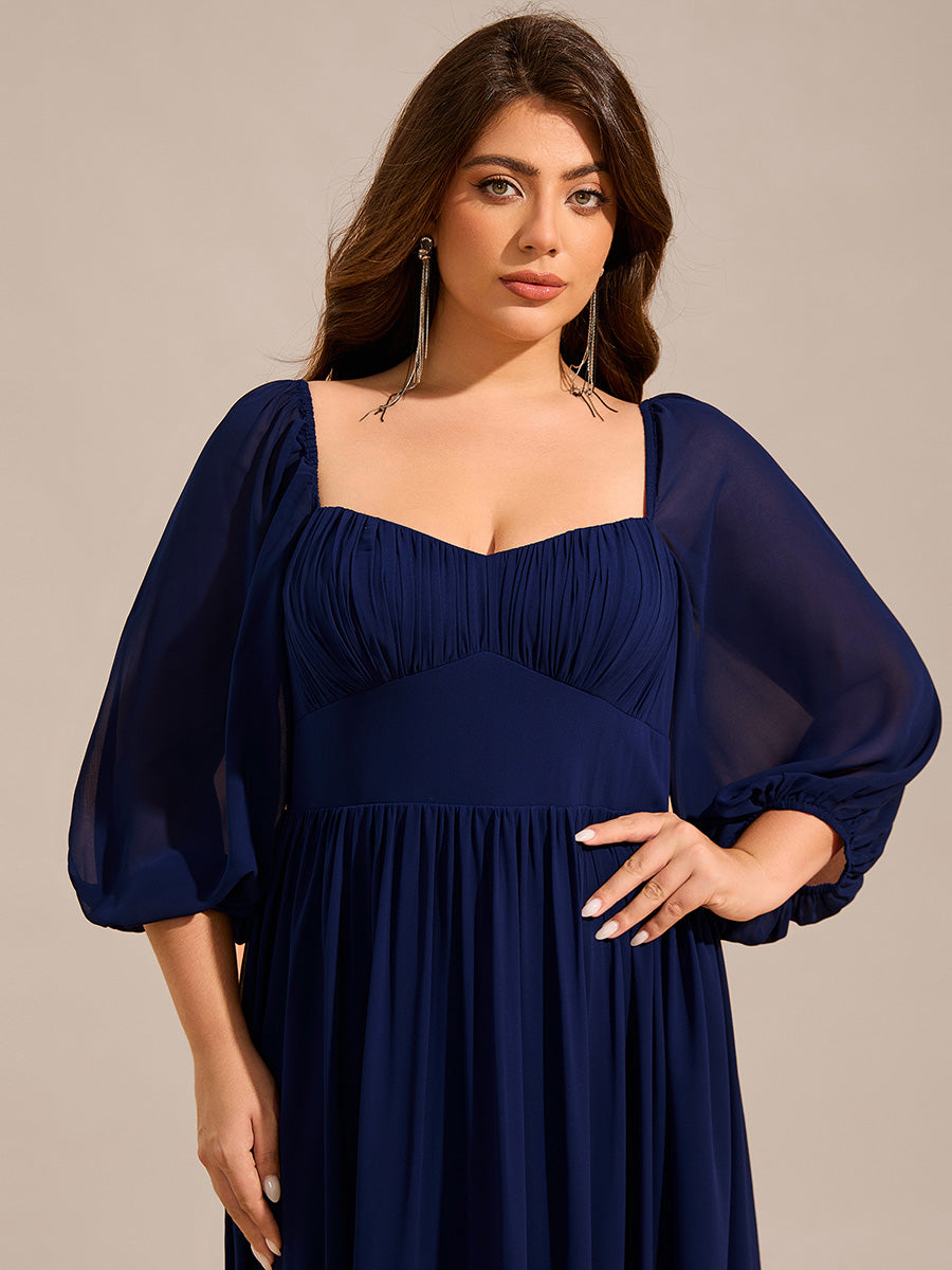 Color=Navy Blue | Plus Size Graceful Sweetheart 3/4 Lantern Sleeve Chiffon Bridesmaid Dresses with Frenulum knotting-Navy Blue 10