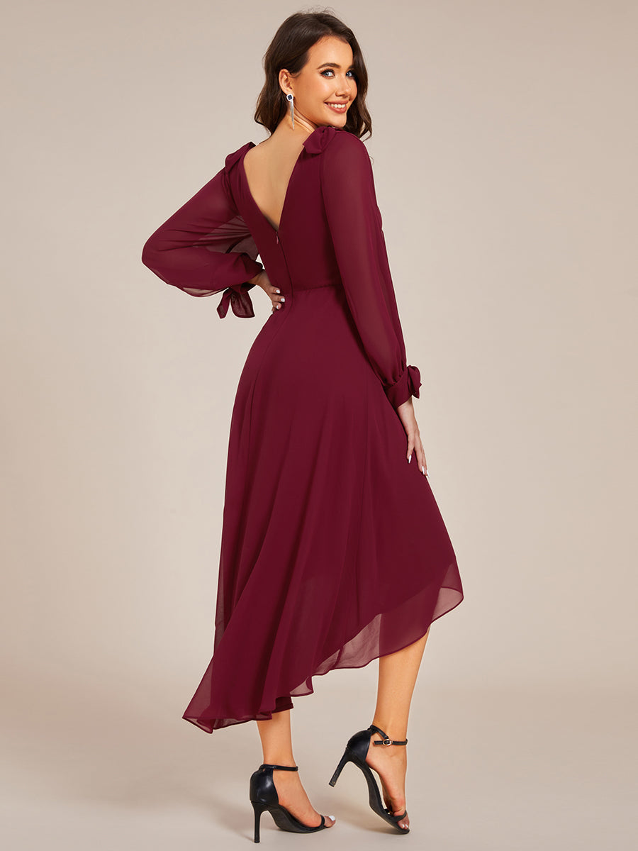 Color=Burgundy | Elegant Butterfly Design Long Sleeves Midi Length A-Line Asymmetrical Hem Chiffon Dresses -Burgundy 2