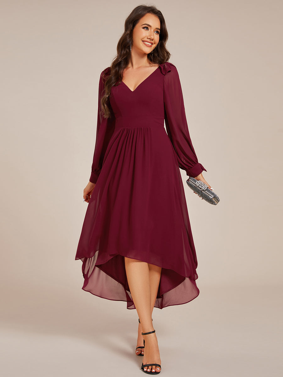 Color=Burgundy | Elegant Butterfly Design Long Sleeves Midi Length A-Line Asymmetrical Hem Chiffon Dresses -Burgundy 3