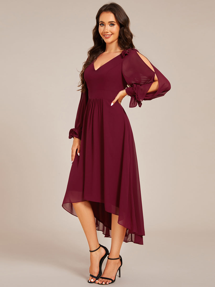 Color=Burgundy | Elegant Butterfly Design Long Sleeves Midi Length A-Line Asymmetrical Hem Chiffon Dresses -Burgundy 4