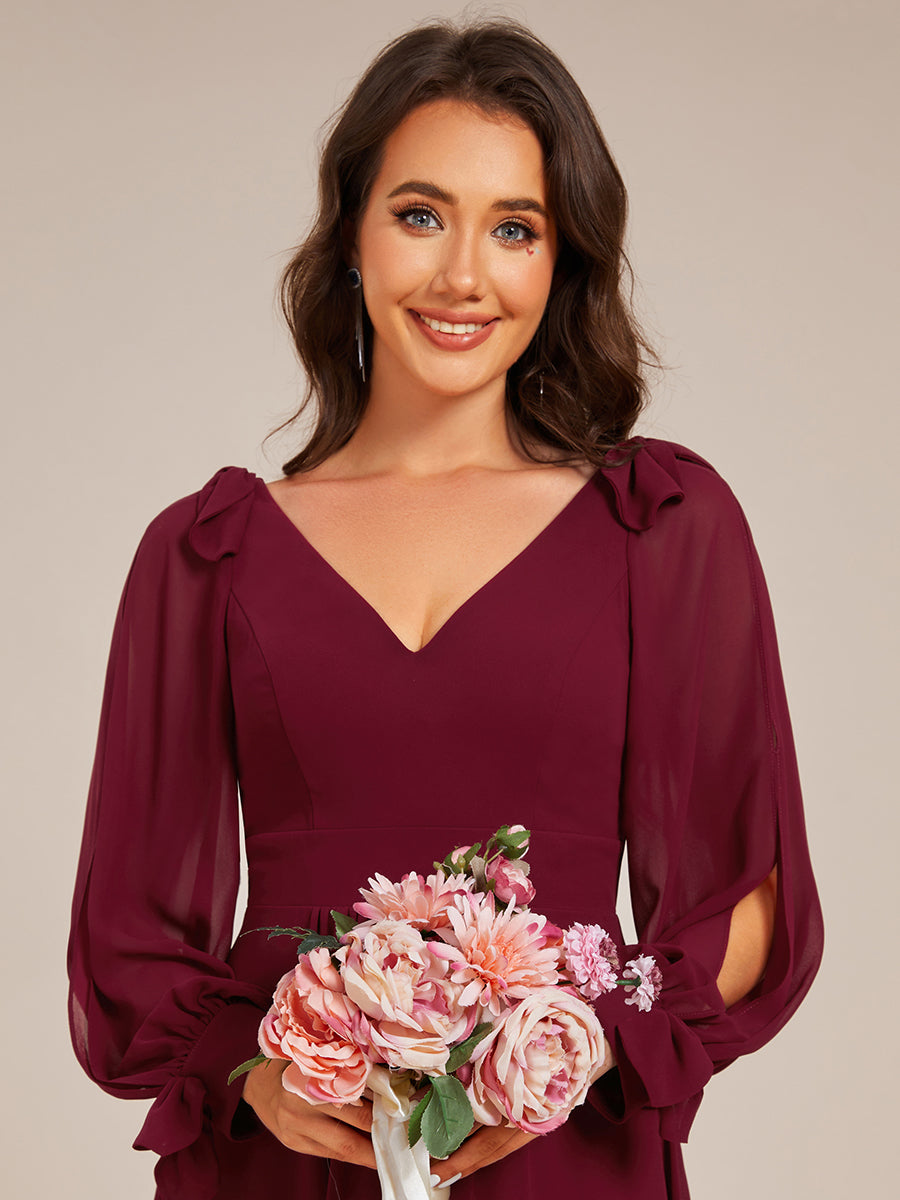 Color=Burgundy | Elegant Butterfly Design Long Sleeves Midi Length A-Line Asymmetrical Hem Chiffon Dresses -Burgundy 5