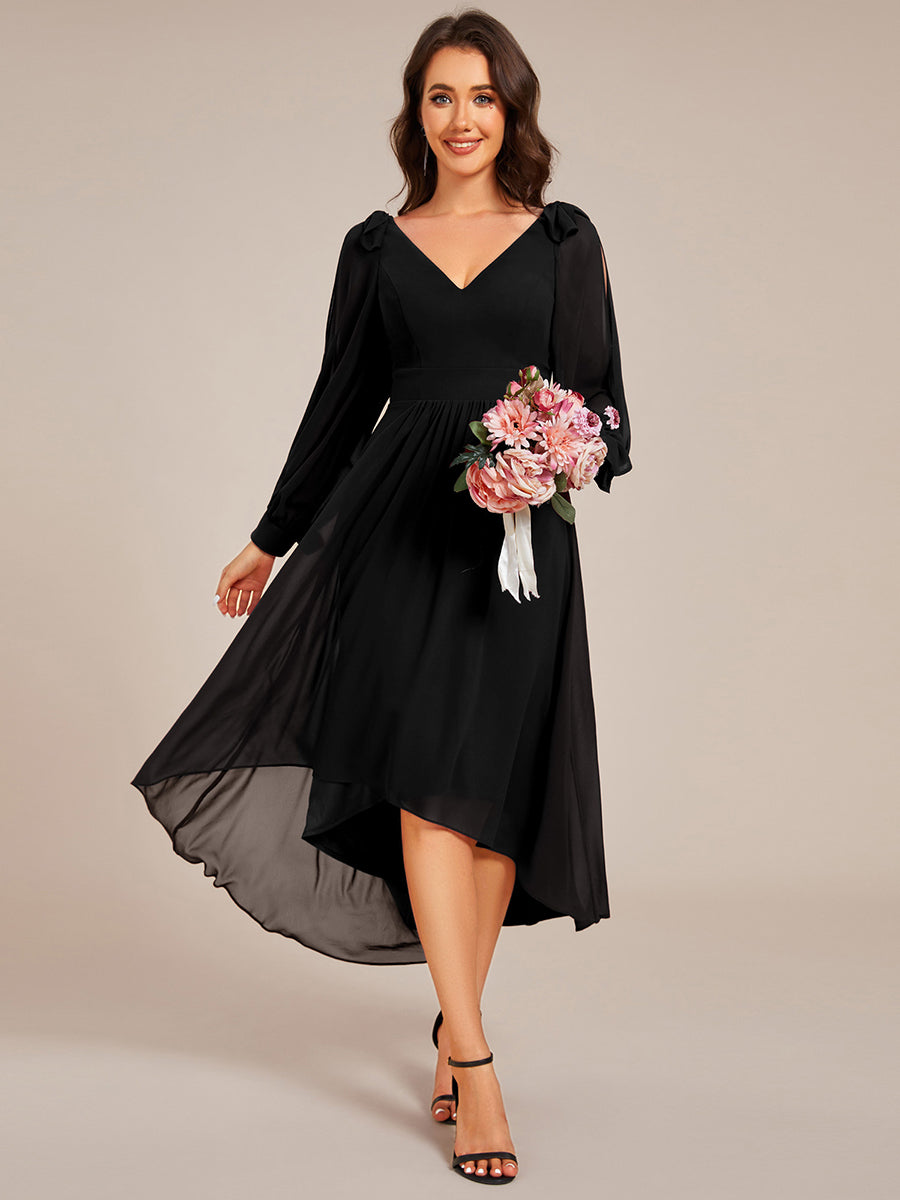 Color=Black | Elegant Butterfly Design Long Sleeves Midi Length A-Line Asymmetrical Hem Chiffon Dresses -Black 6