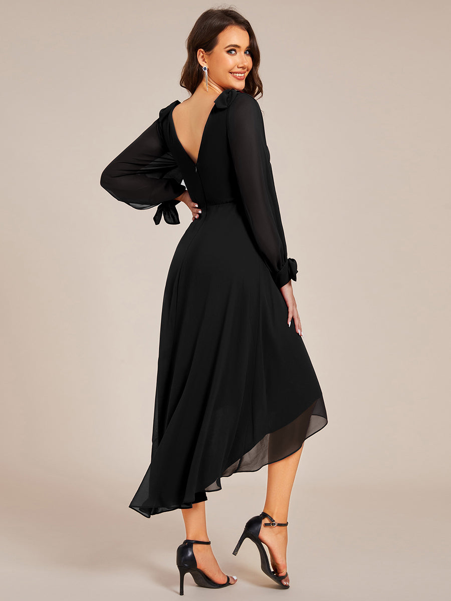 Color=Black | Elegant Butterfly Design Long Sleeves Midi Length A-Line Asymmetrical Hem Chiffon Dresses -Black 7