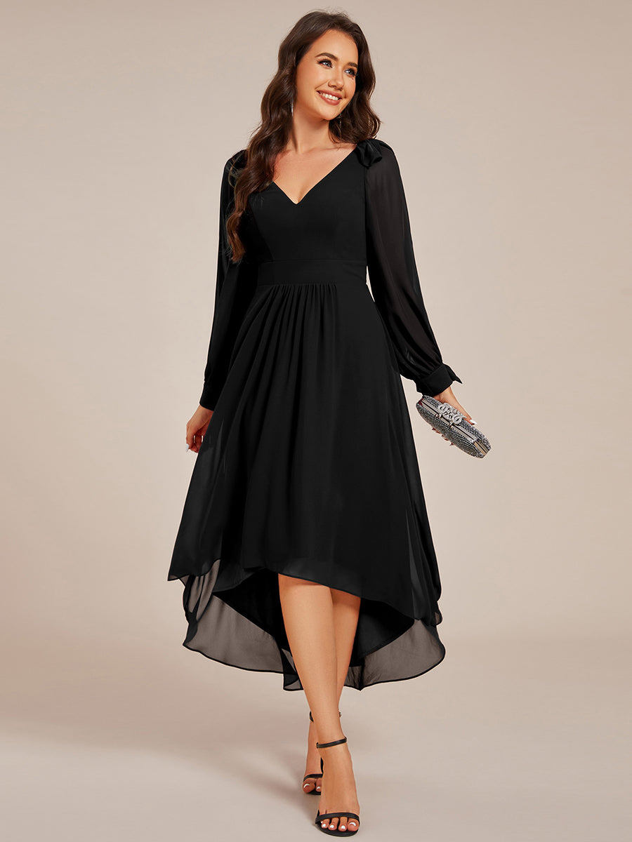 Color=Black | Elegant Butterfly Design Long Sleeves Midi Length A-Line Asymmetrical Hem Chiffon Dresses -Black 8