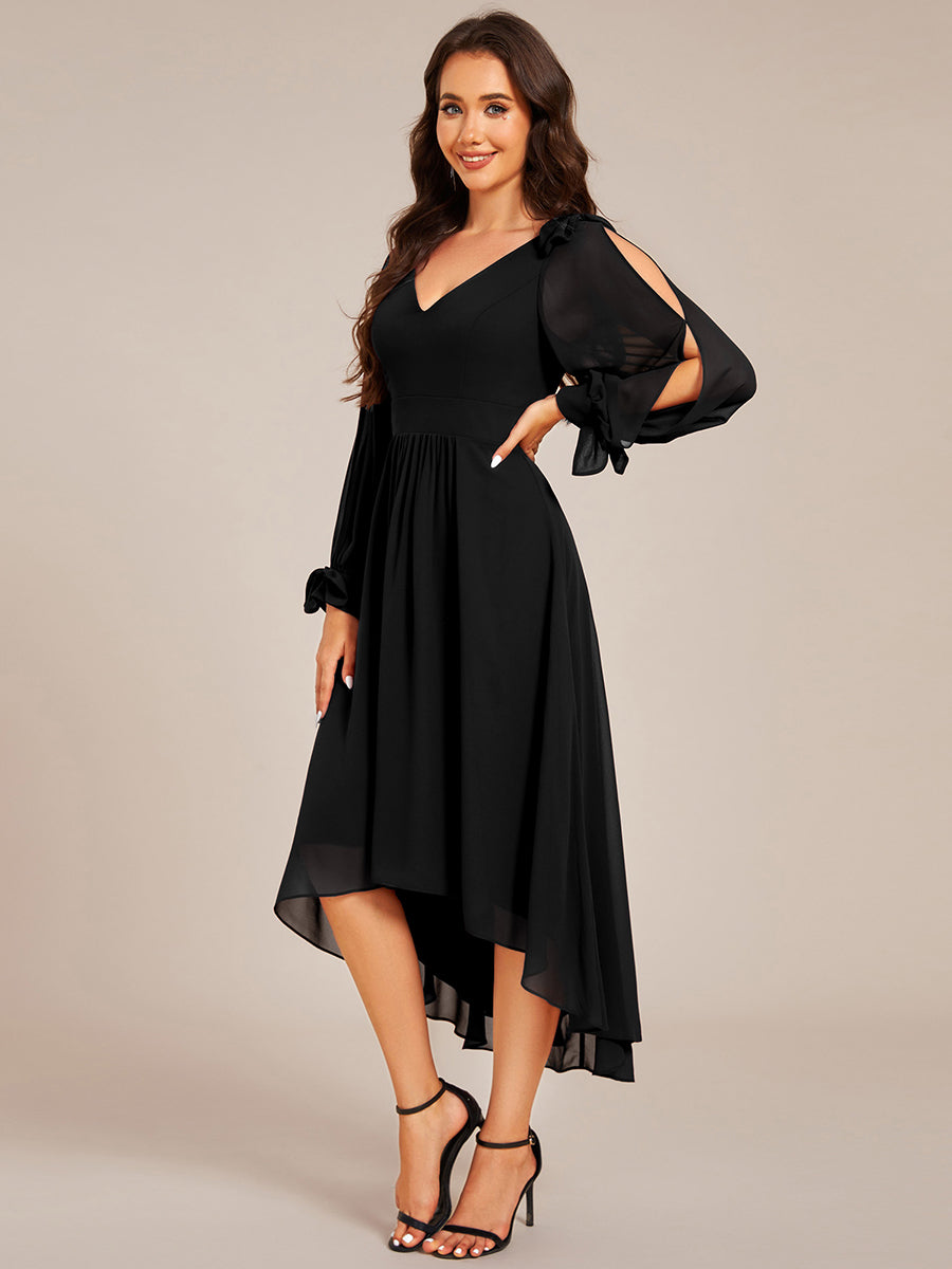 Color=Black | Elegant Butterfly Design Long Sleeves Midi Length A-Line Asymmetrical Hem Chiffon Dresses -Black 9