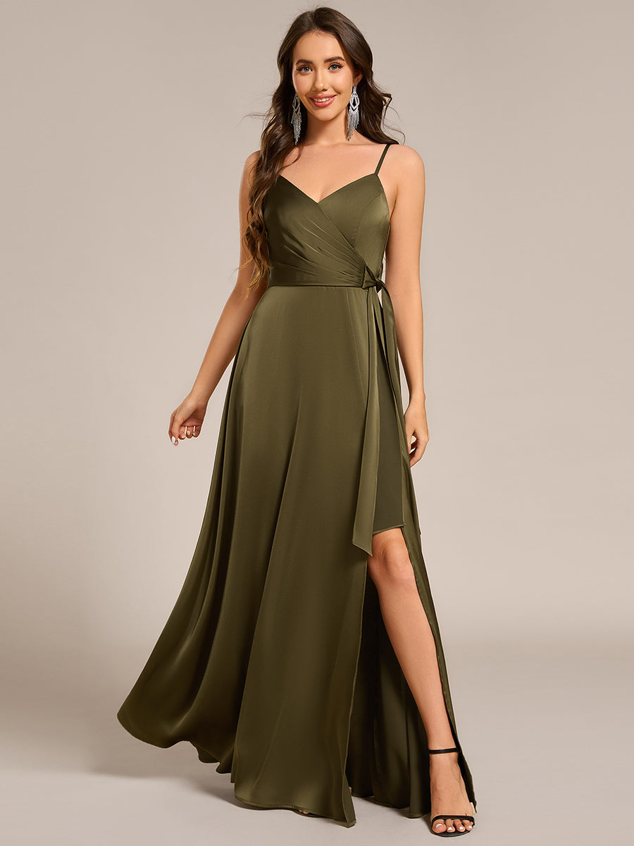 Color=Olive Green | Elegant Floor-Length Spaghetti Straps Split Satin Bridesmaid Dress with Streamer-Olive Green 1