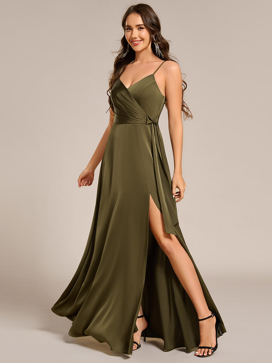 Color=Olive Green | Elegant Floor-Length Spaghetti Straps Split Satin Bridesmaid Dress with Streamer-Olive Green 3