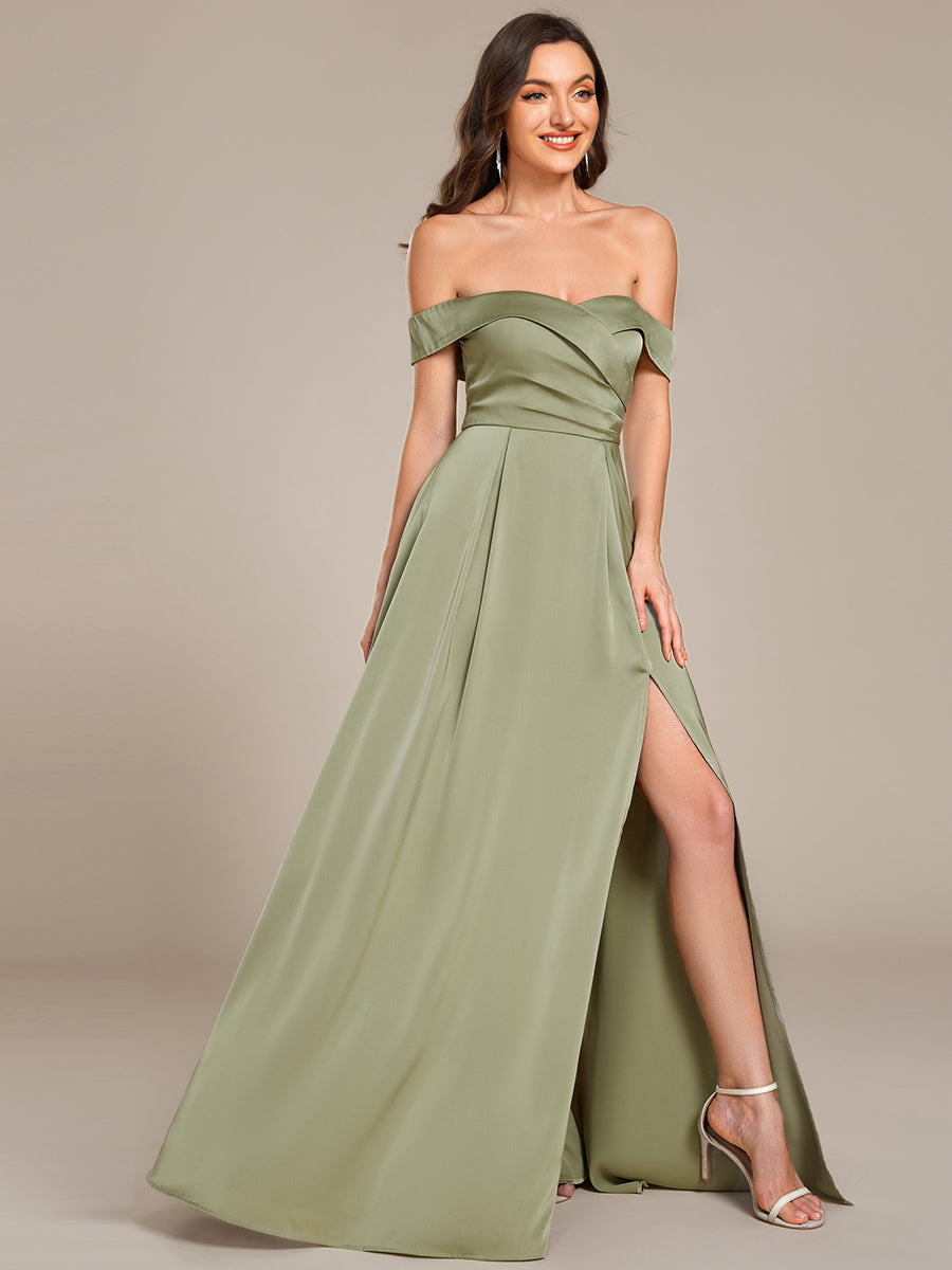 Color=Sage Green | Off Shoulder Short Sleeves Pleated A-Line Floor-Length Bridesmaid Dress-Sage Green 1