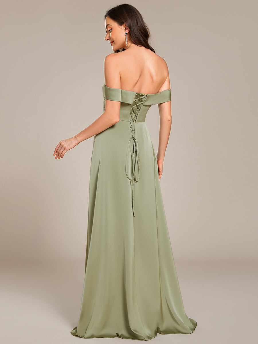 Color=Sage Green | Off Shoulder Short Sleeves Pleated A-Line Floor-Length Bridesmaid Dress-Sage Green 2