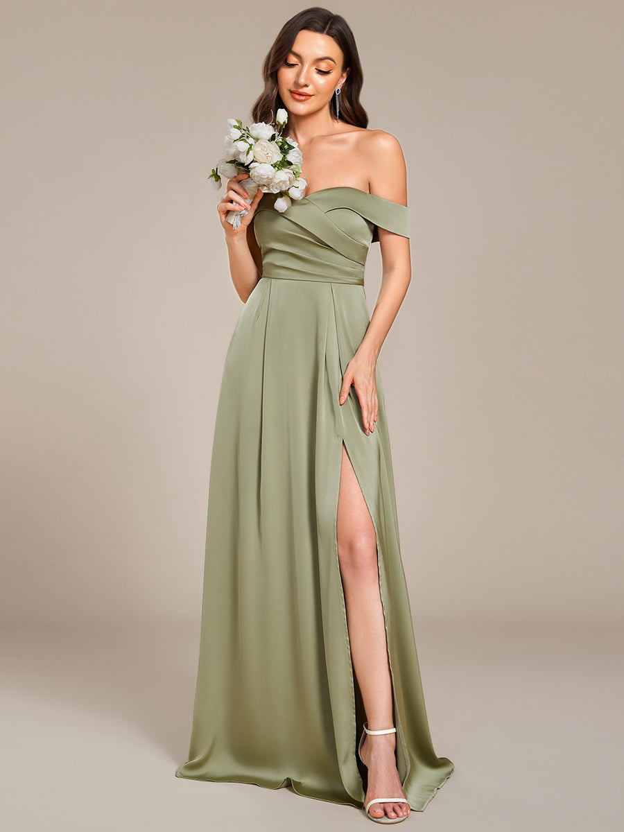 Color=Sage Green | Off Shoulder Short Sleeves Pleated A-Line Floor-Length Bridesmaid Dress-Sage Green 4