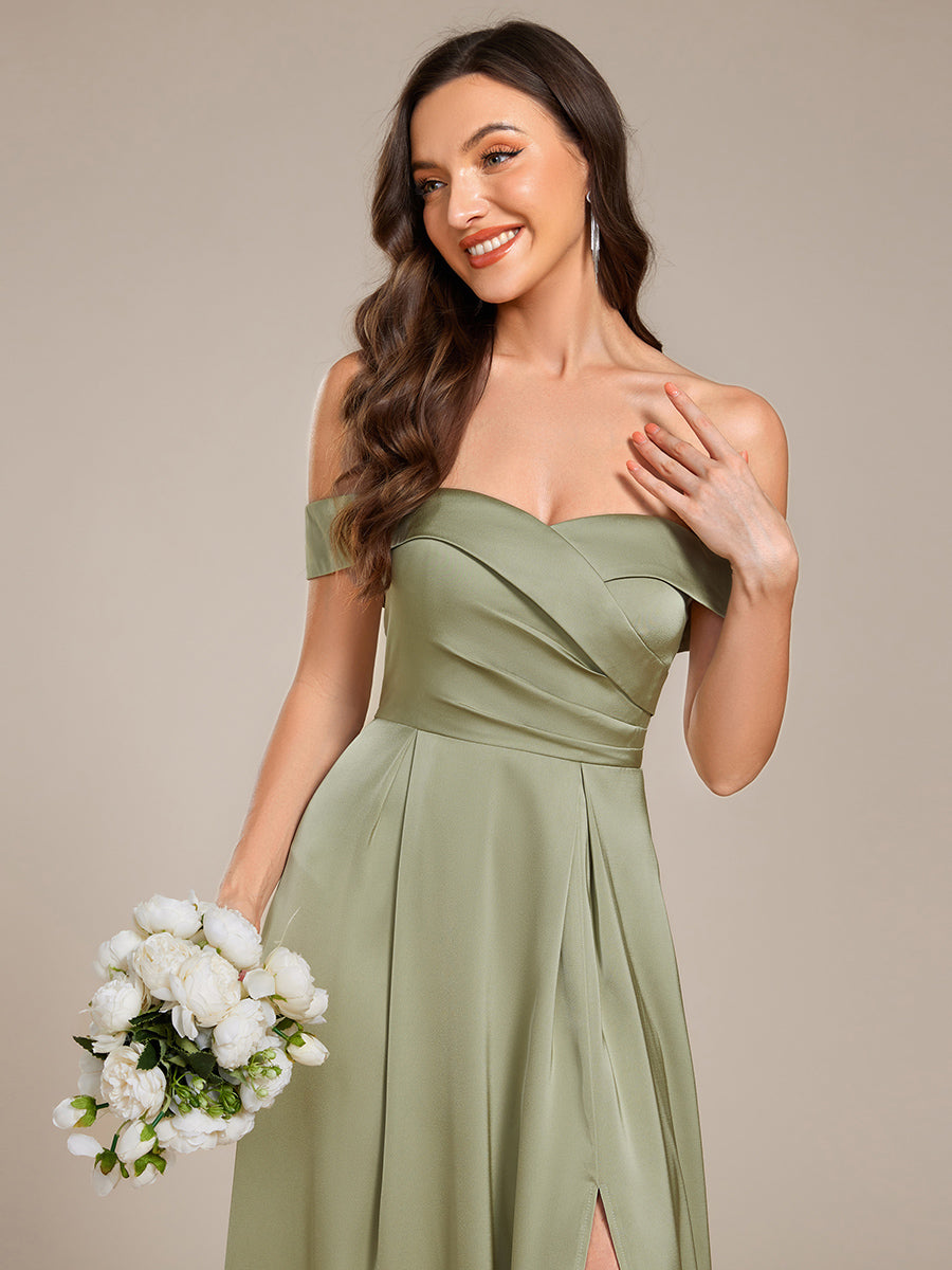 Color=Sage Green | Off Shoulder Short Sleeves Pleated A-Line Floor-Length Bridesmaid Dress-Sage Green 3