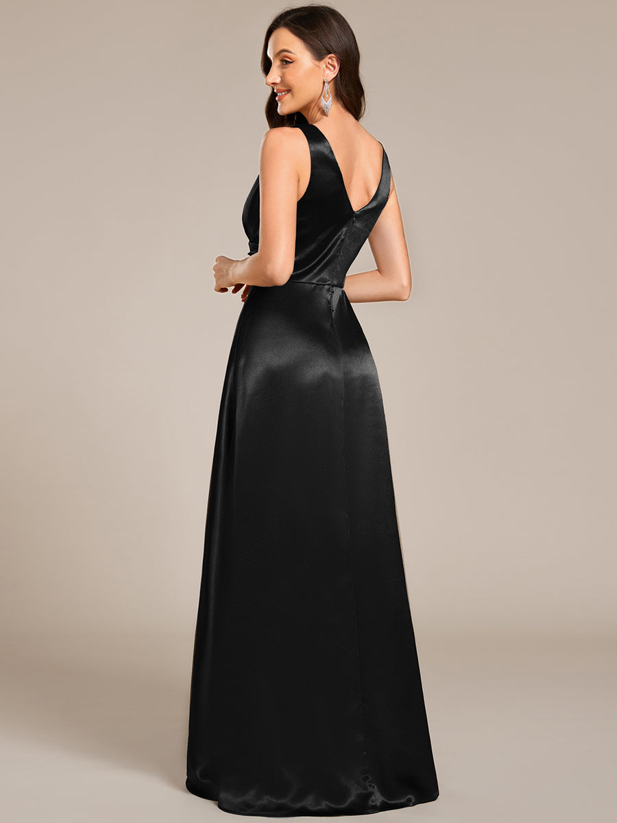 Color=Black | Elegant Deep V-Neck Floor Length Empire Waist Satin Bridesmaid Dresses with Pockets-Black 2