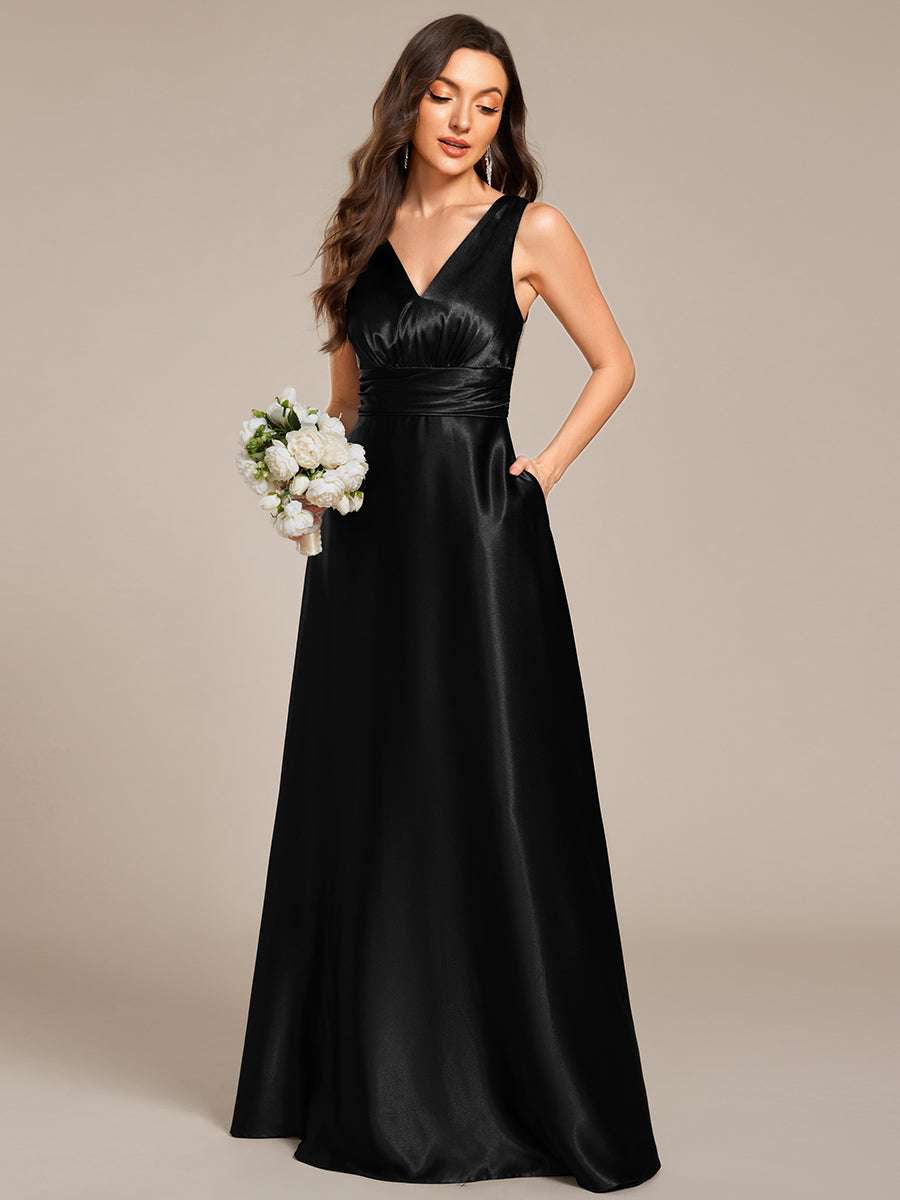 Color=Black | Elegant Deep V-Neck Floor Length Empire Waist Satin Bridesmaid Dresses with Pockets-Black 4