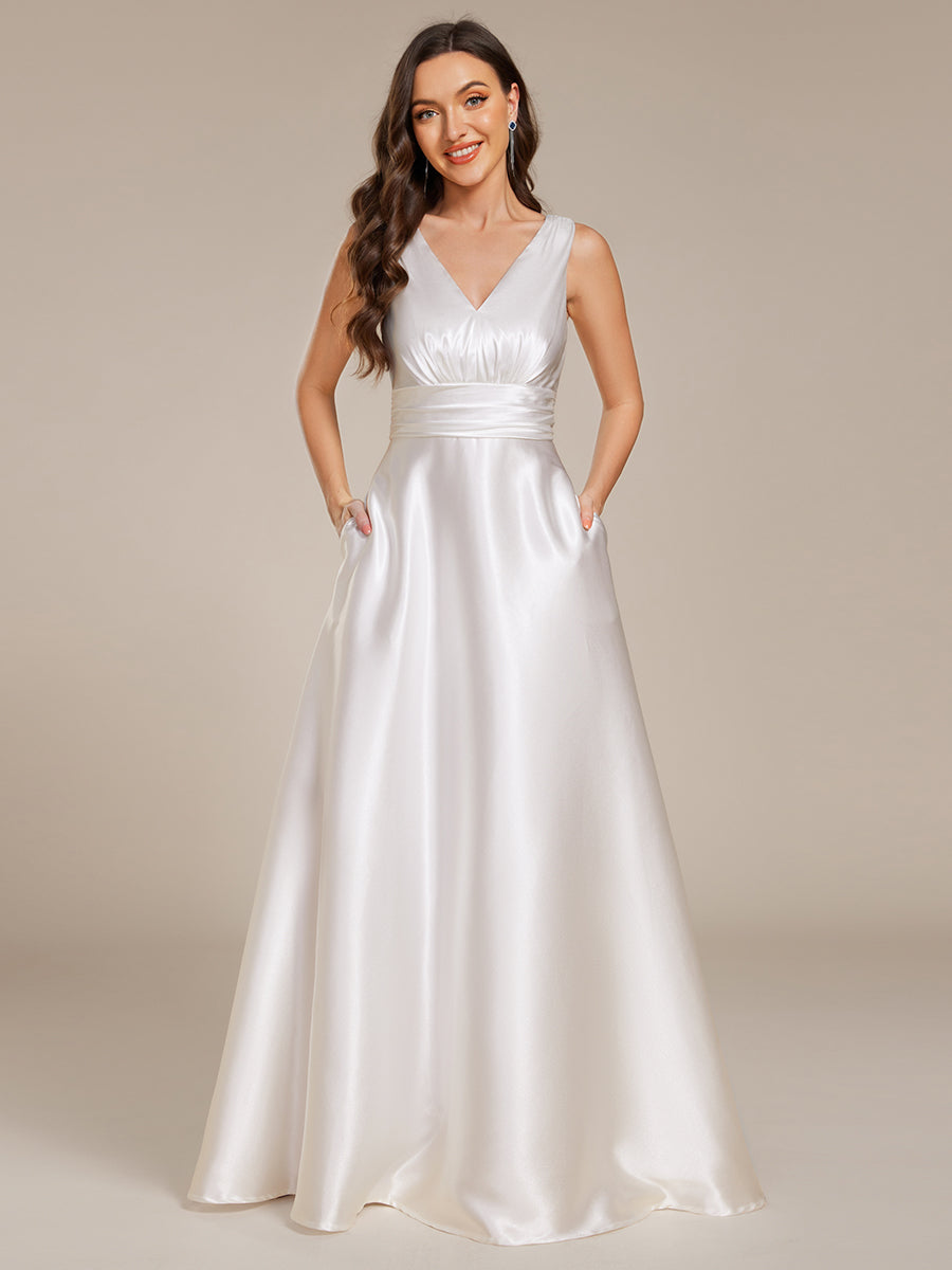 Color=White | Elegant Deep V-Neck Floor Length Empire Waist Satin Bridesmaid Dresses with Pockets-White 8