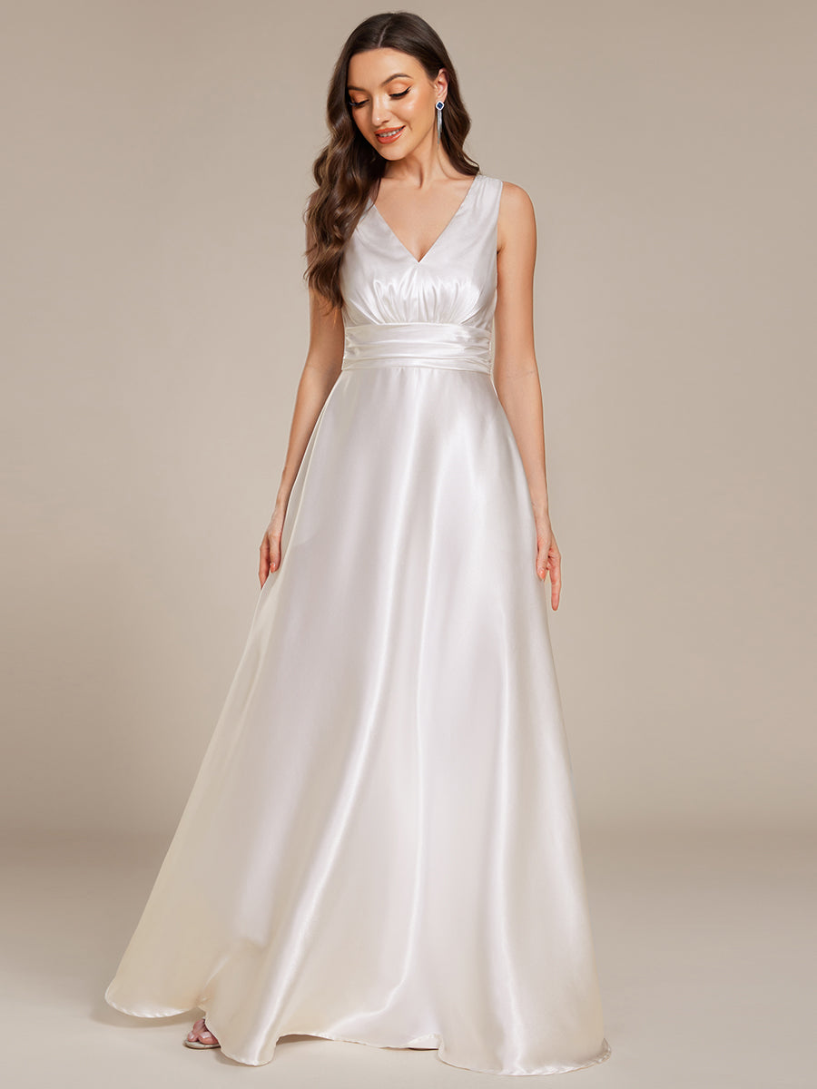 Color=White | Elegant Deep V-Neck Floor Length Empire Waist Satin Bridesmaid Dresses with Pockets-White 9