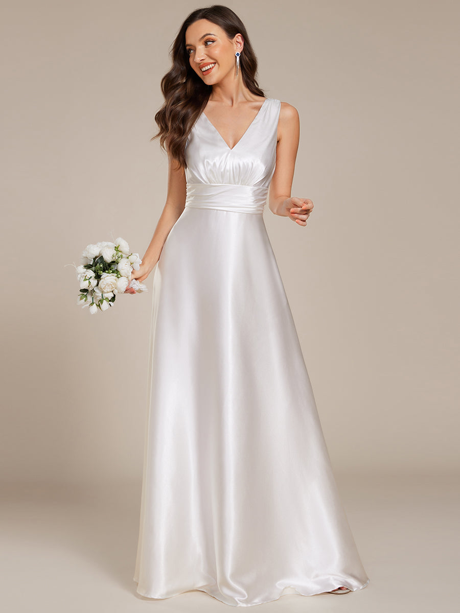 Color=White | Elegant Deep V-Neck Floor Length Empire Waist Satin Bridesmaid Dresses with Pockets-White 6