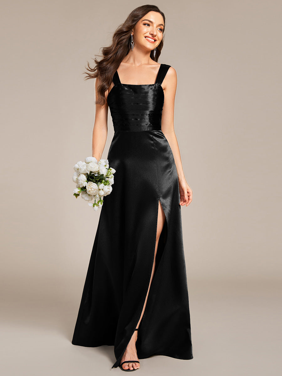 Color=Black | Elegant Bodycon Split Fishtail Floor Length Satin Bridesmaid Dresses with Regular Fold Stream-Black 1