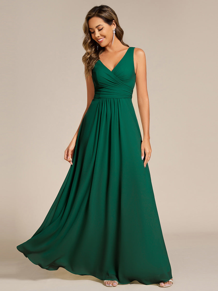 Color=Dark Green | Asymmetrical Sleeveless V-Neck A-Line Floor-Length Bridesmaid Dress-Dark Green 1