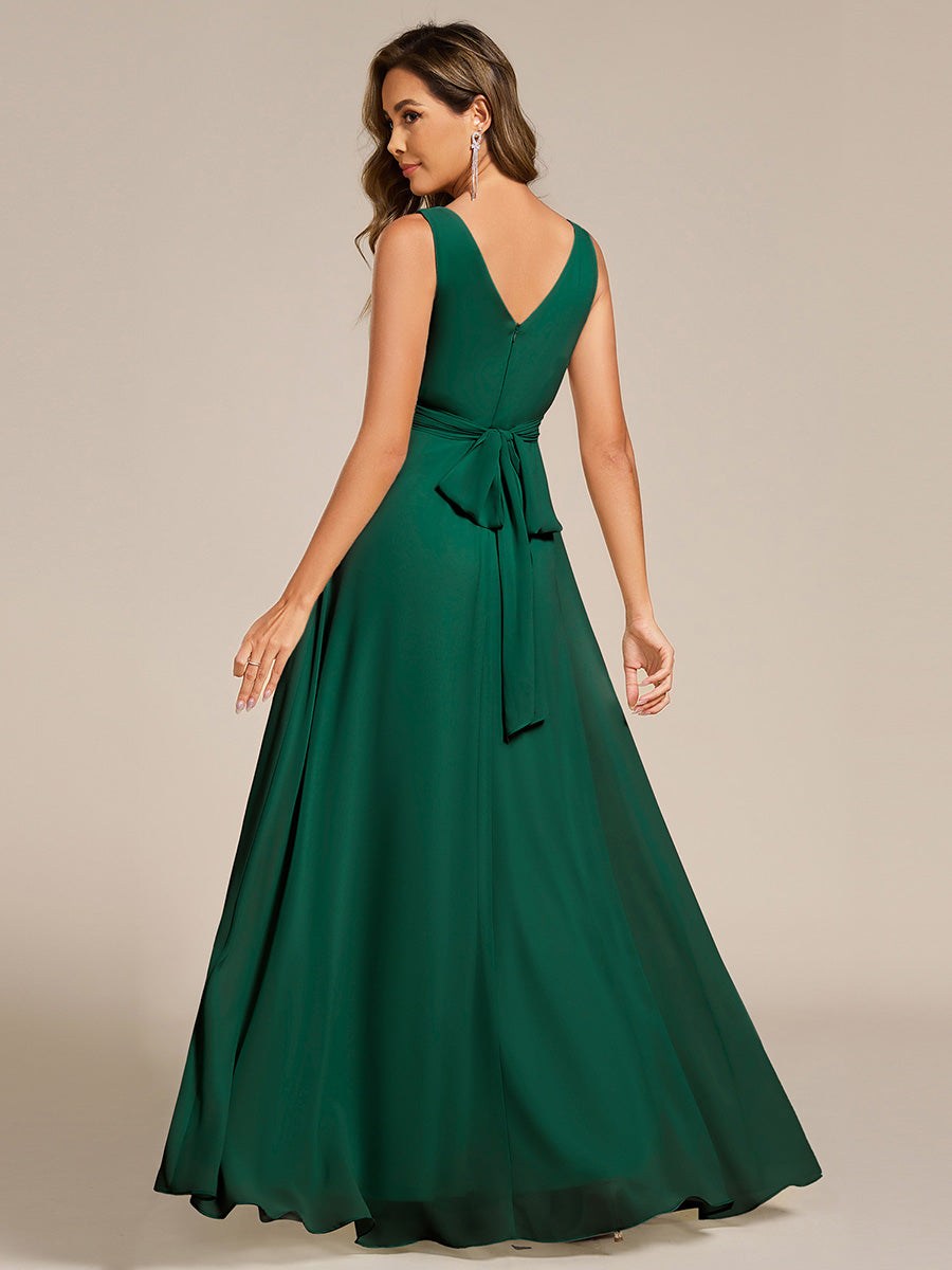 Color=Dark Green | Asymmetrical Sleeveless V-Neck A-Line Floor-Length Bridesmaid Dress-Dark Green 2