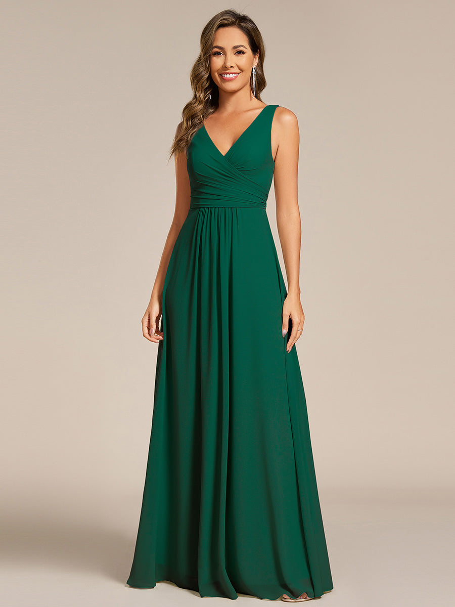 Color=Dark Green | Asymmetrical Sleeveless V-Neck A-Line Floor-Length Bridesmaid Dress-Dark Green 4