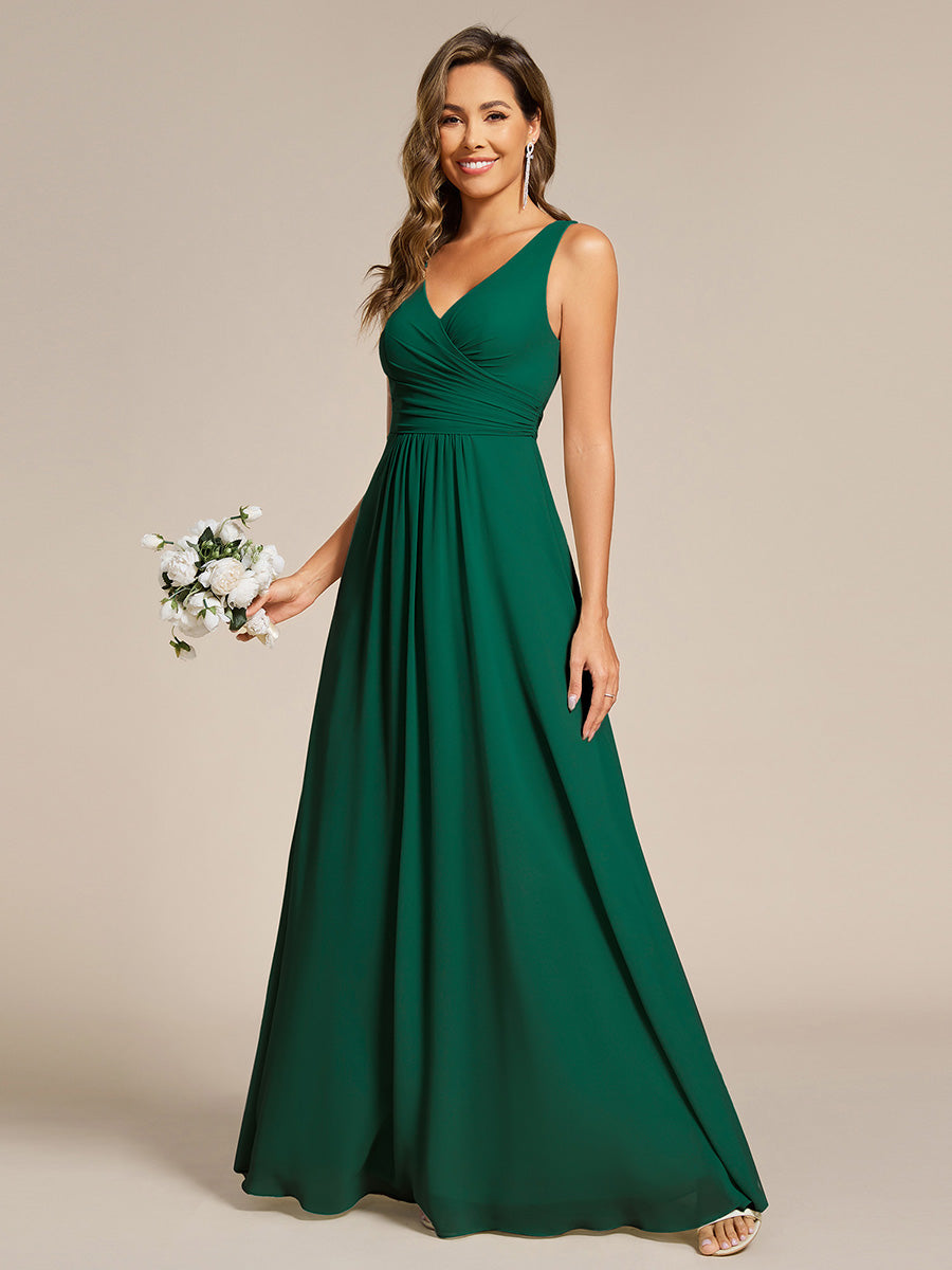 Color=Dark Green | Asymmetrical Sleeveless V-Neck A-Line Floor-Length Bridesmaid Dress-Dark Green 5