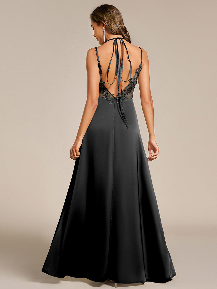 Color=Black | Romantic Frenulum knotting Halter Neckline Bridesmaid Dresses-Black 2