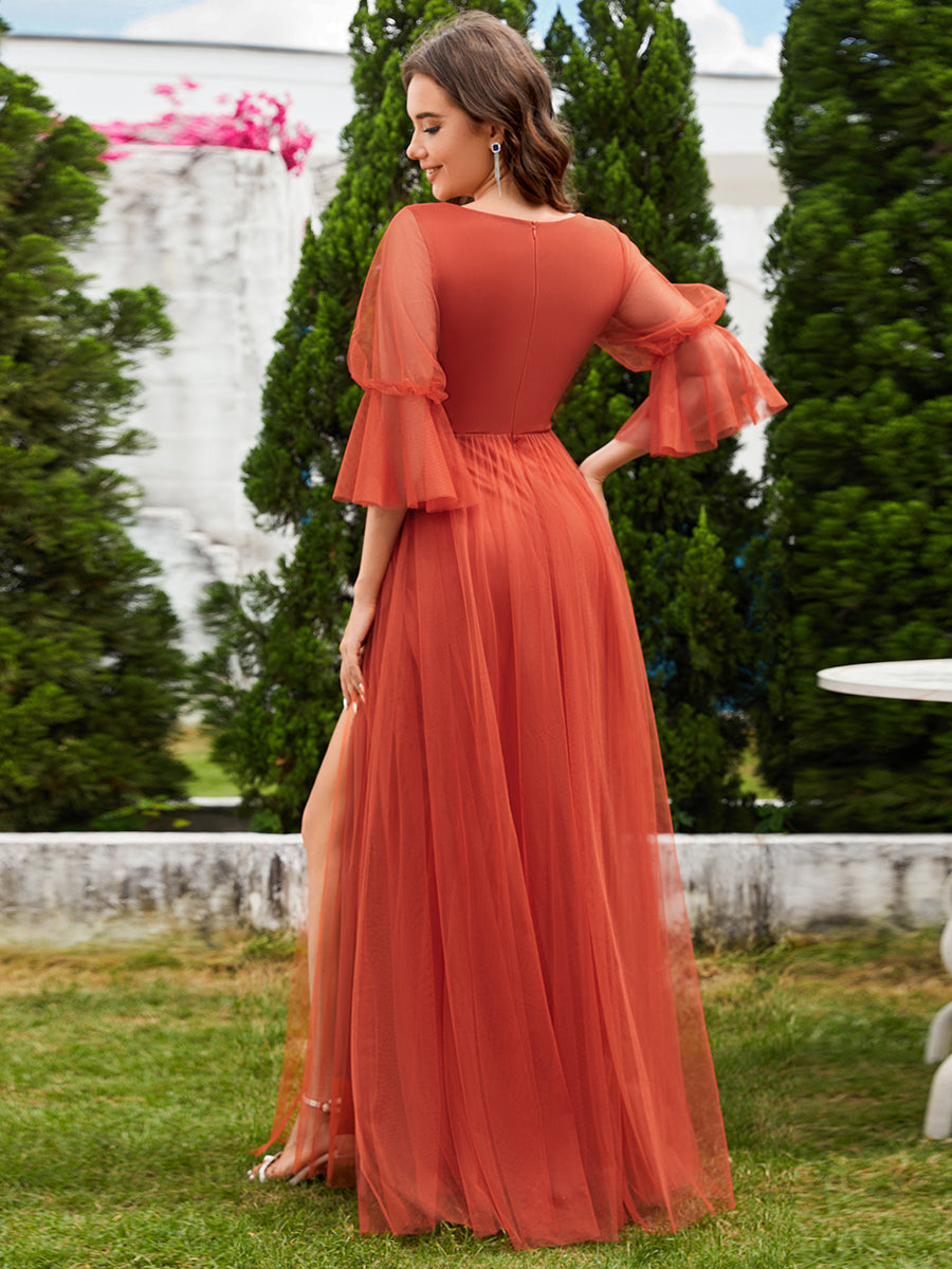 Color=Burnt Orange | Romantic Long Lantern Sleeves Split Tulle Bridesmaid Dresses with Chain Empire Waist-Burnt Orange 2