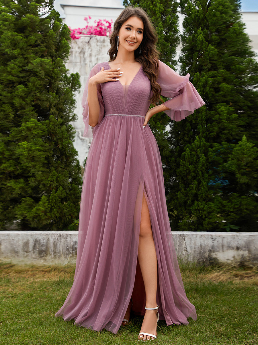 Color=Orchid | Romantic Long Lantern Sleeves Split Tulle Bridesmaid Dresses with Chain Empire Waist-Orchid 6