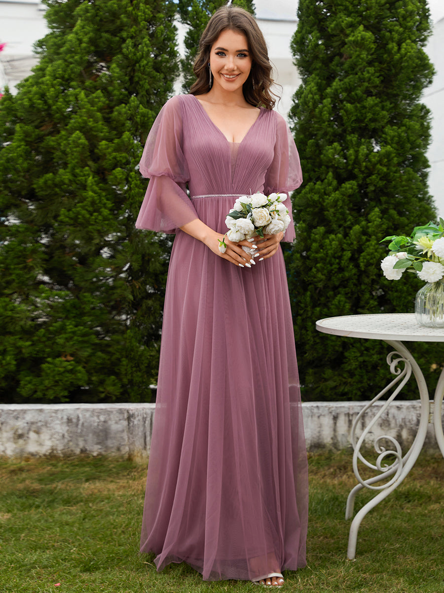 Color=Orchid | Romantic Long Lantern Sleeves Split Tulle Bridesmaid Dresses with Chain Empire Waist-Orchid 8