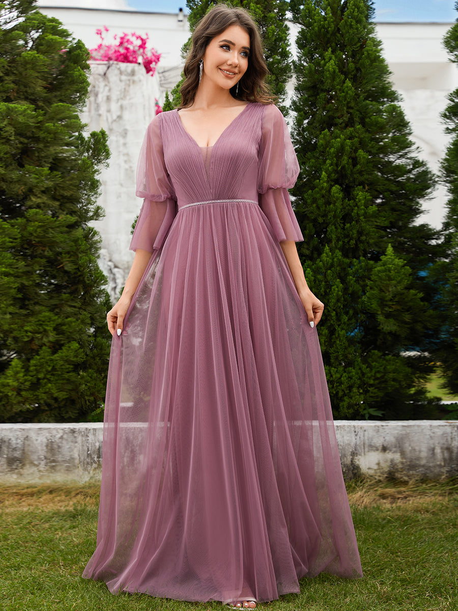 Color=Orchid | Romantic Long Lantern Sleeves Split Tulle Bridesmaid Dresses with Chain Empire Waist-Orchid 9