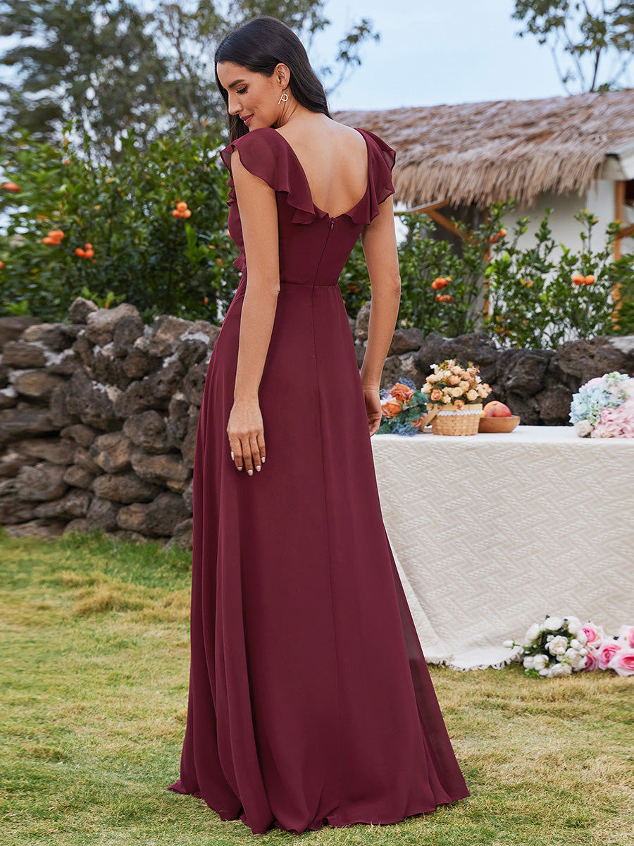 Color=Burgundy | Elegant Lotus Leaf V-Neck Floor Length Tulip Ruffles Sleeves Bridesmaid Dresses-Burgundy 2