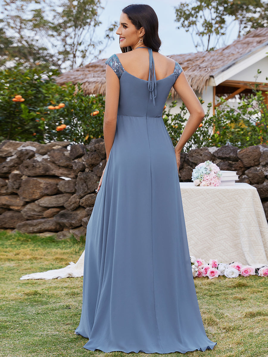 Color=Dusty Navy | Exquisite Bandage Off Shoulder Spaghetti Strap Evening Chiffon Bridesmaid Dresses with Asymmetrical Embroidery-Dusty Navy 2