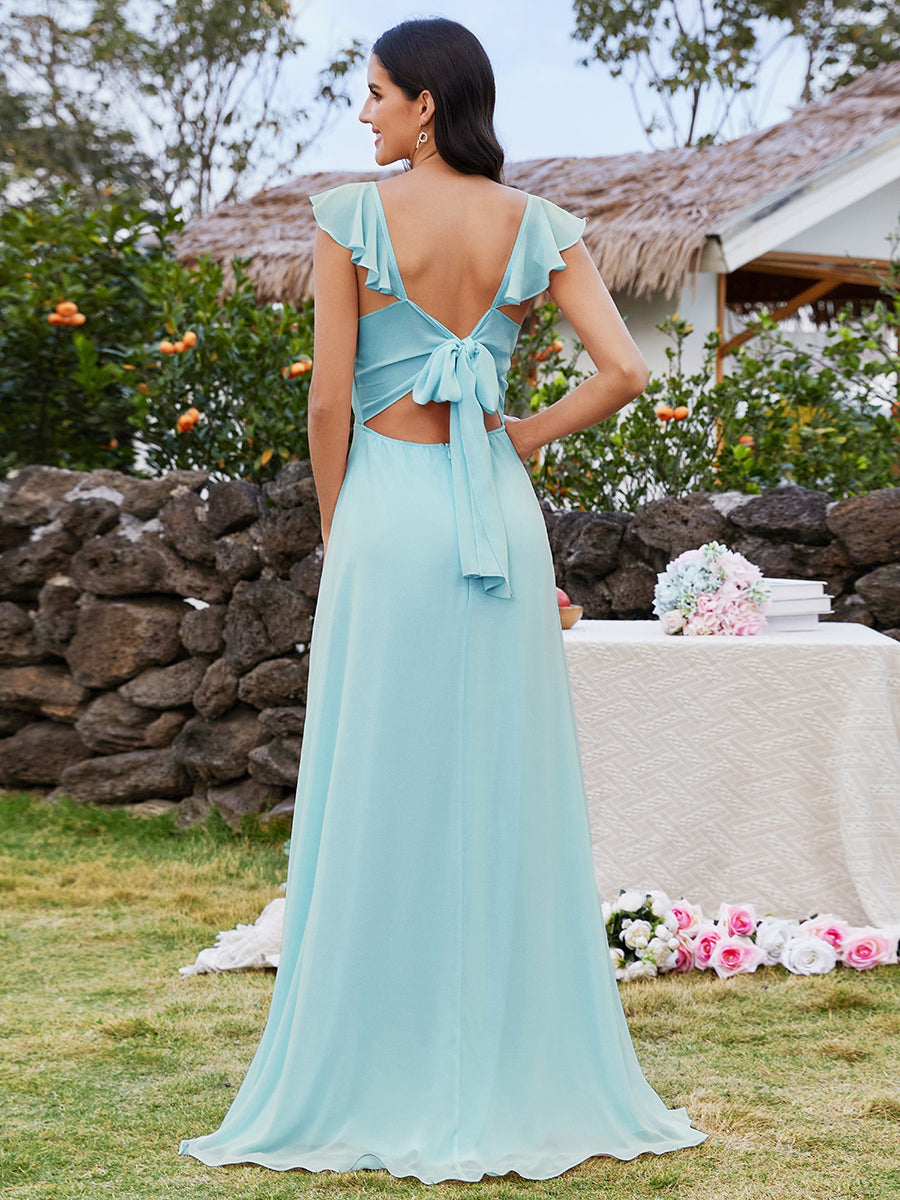 Color=Sky Blue | Romantic U Neck Ruffles Sleeve A-Line Side Split Bridesmaids Dress Lotus Leaf Back bow tie Chiffon Dresses -Sky Blue 7