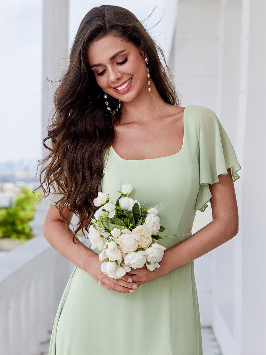 Color=Mint Green | Graceful Short Sleeves Lotus Leaf Backless Bridesmaids Dress Frenulum knotting A-Line Chiffon Dresses-Mint Green 20