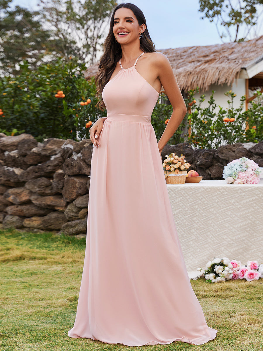 Color=Pink | Elegant Belly collar Halter Neck Spaghetti Straps Chiffon Bridesmaid Dresses with  Back Lotus Leaf Stream-Pink 1